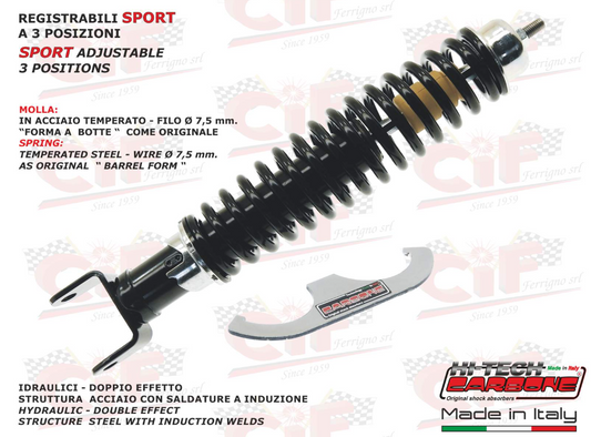 Αμορτισέρ πίσω Carbone μαύρο ρυθμιζόμενο για Vespa 50-125-ET3-PRIMAVERA-PE-PX-T5-LML-TS-SPRINT-RALLY etc